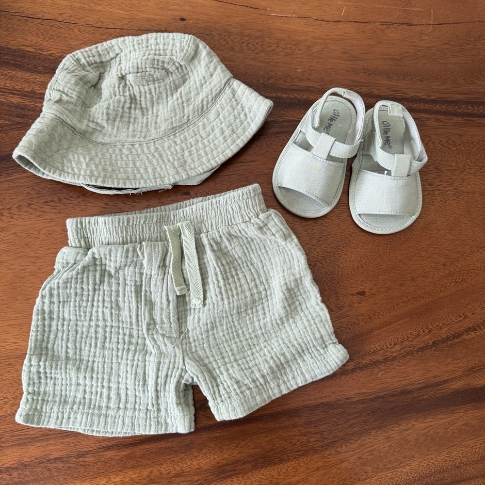 NWOT Little Me Baby Sage Green Beach Pool Outfit Set with Hat and Sandals 6-12M